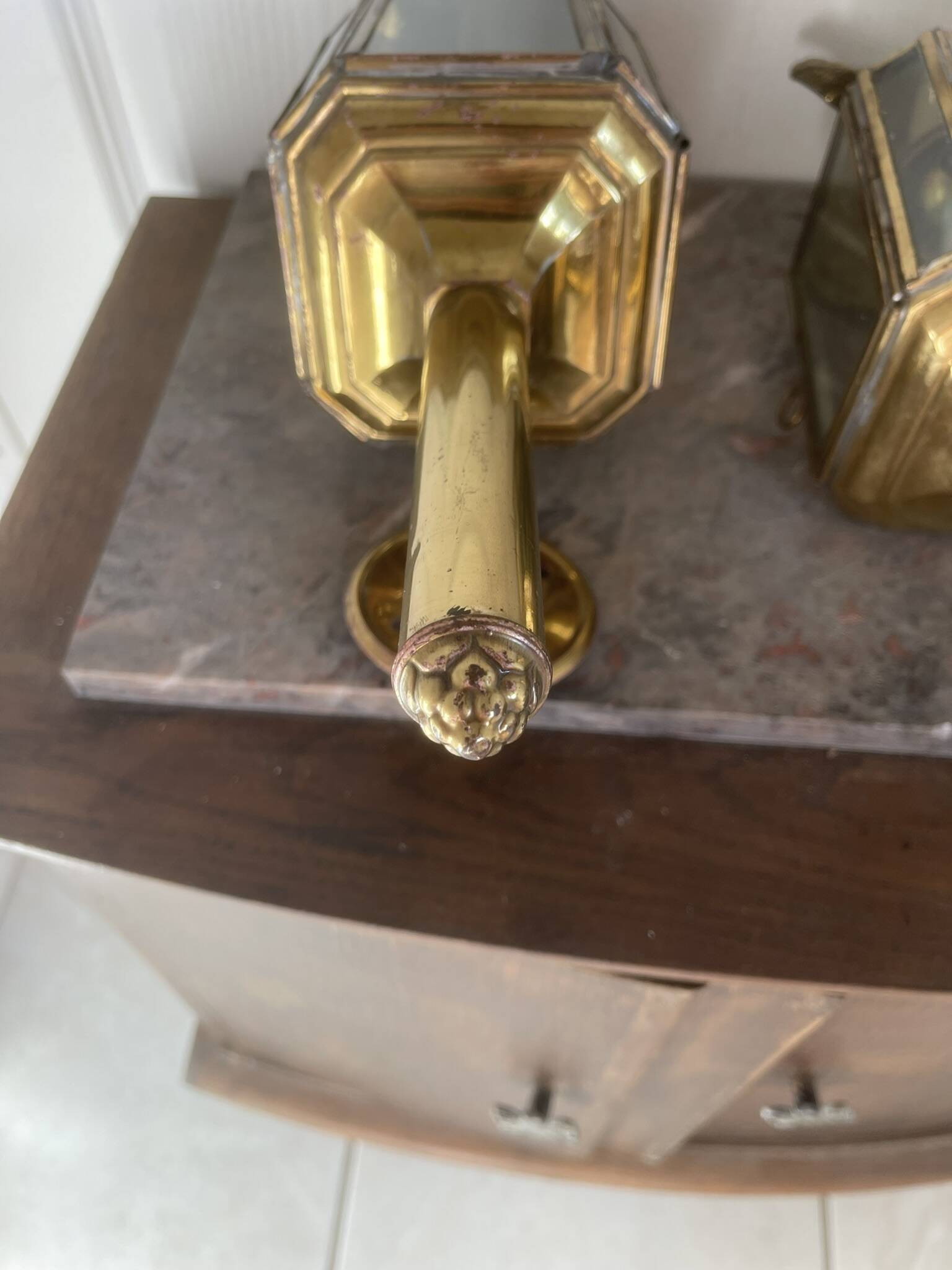 Old Pair of Gilded Brass Wall Lights in Carriage Lantern Eagle Empire Style