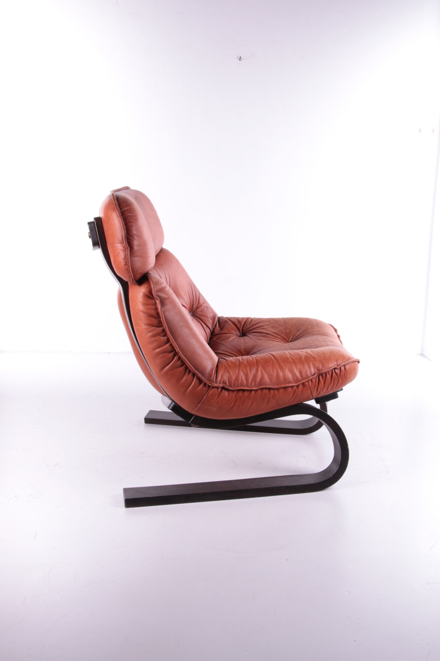 Vintage Brazilian Armchair with Cognac color leather seat cushion, 70s