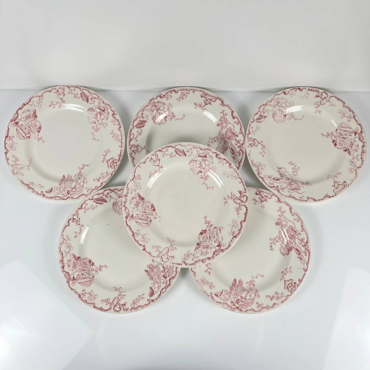 Set of 6 flat plates KG Lunéville Terre de fer, "Fontainebleau", pink, 19th century