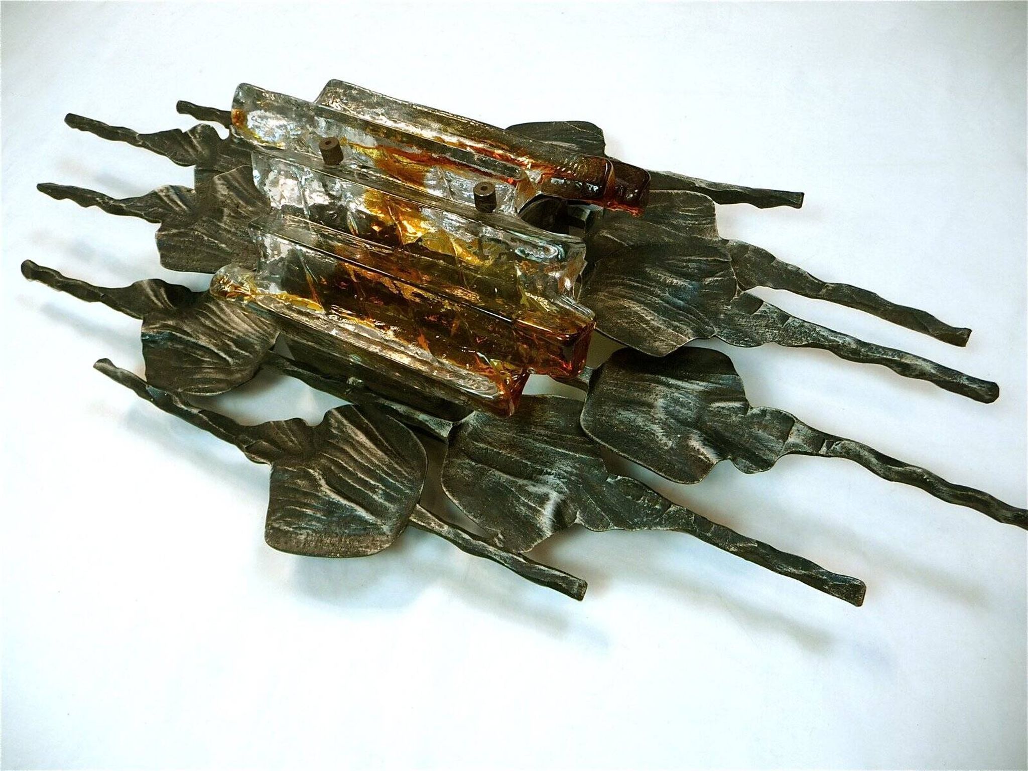 Large brutalist iron & ice Murano glass sconce / wall lamp, 1960s