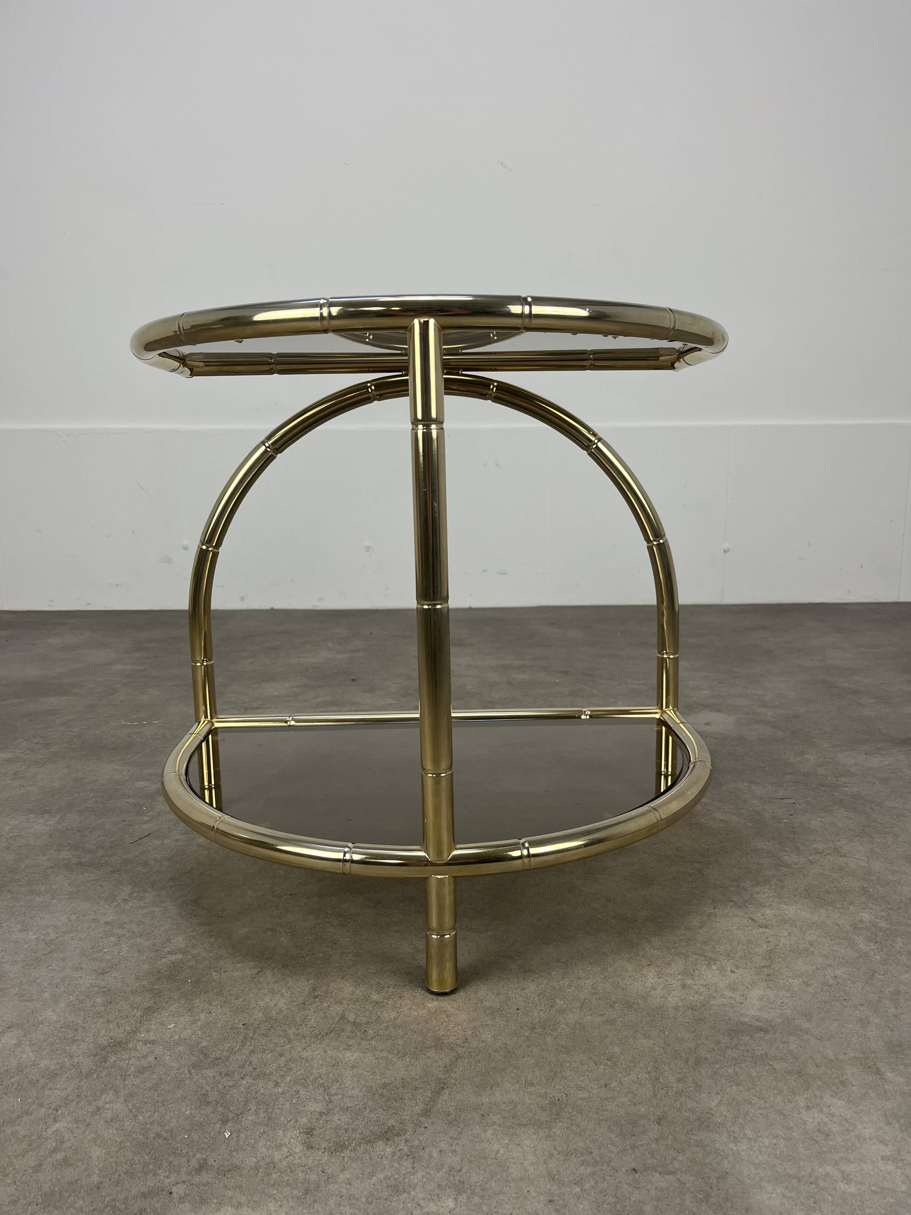 Hollywood Regency bamboo side table, gold and smoked glass, 70s