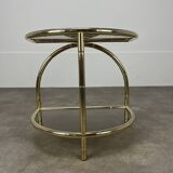 Table d'appoint bambou Hollywood Regency, dorée et verre fumé, 70's