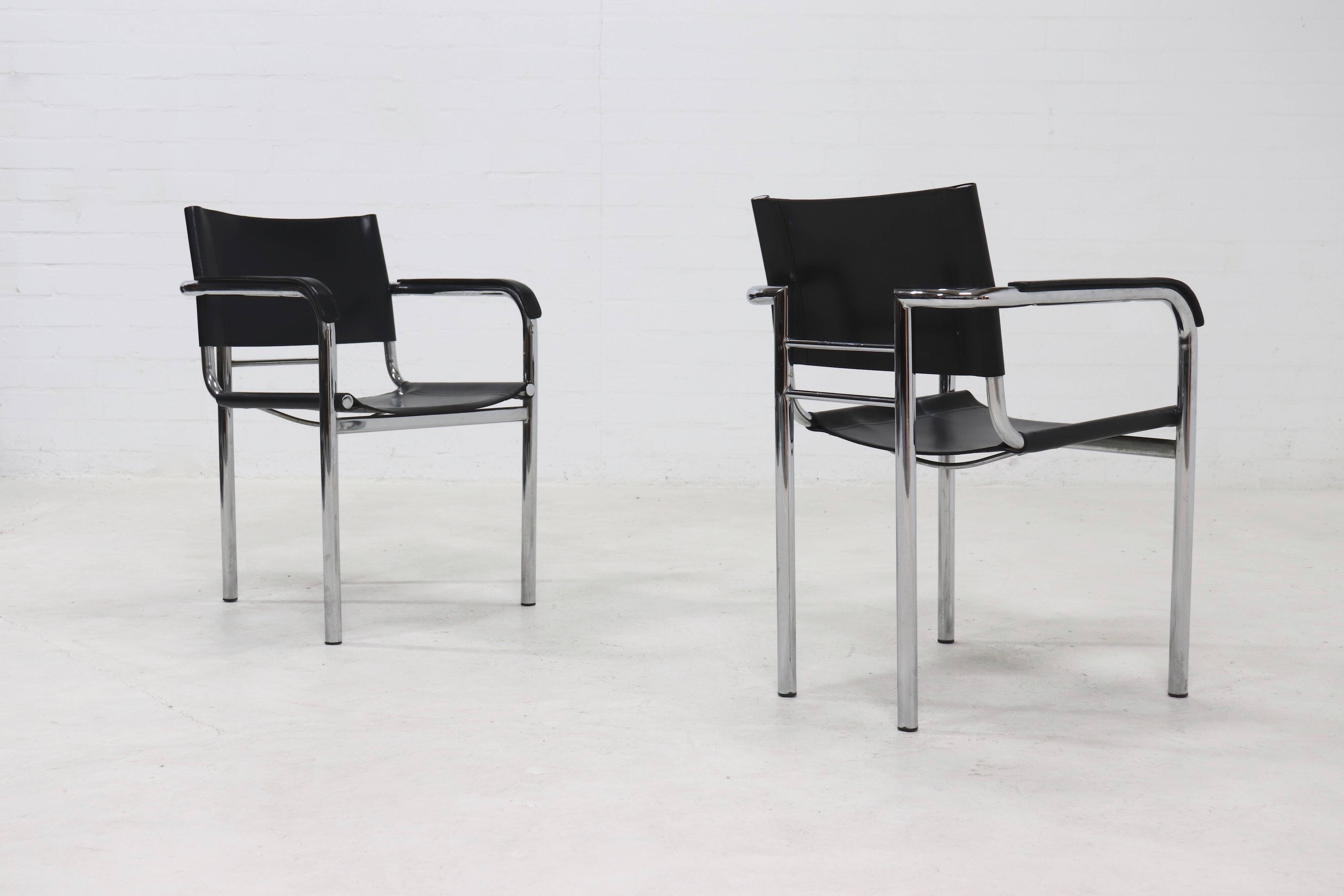 Set of 2 Italian Modern Saddle Leather and Chromed Steel Chairs 1980s