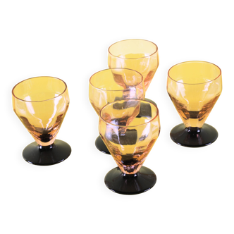 5 vintage pink glass liqueur glasses