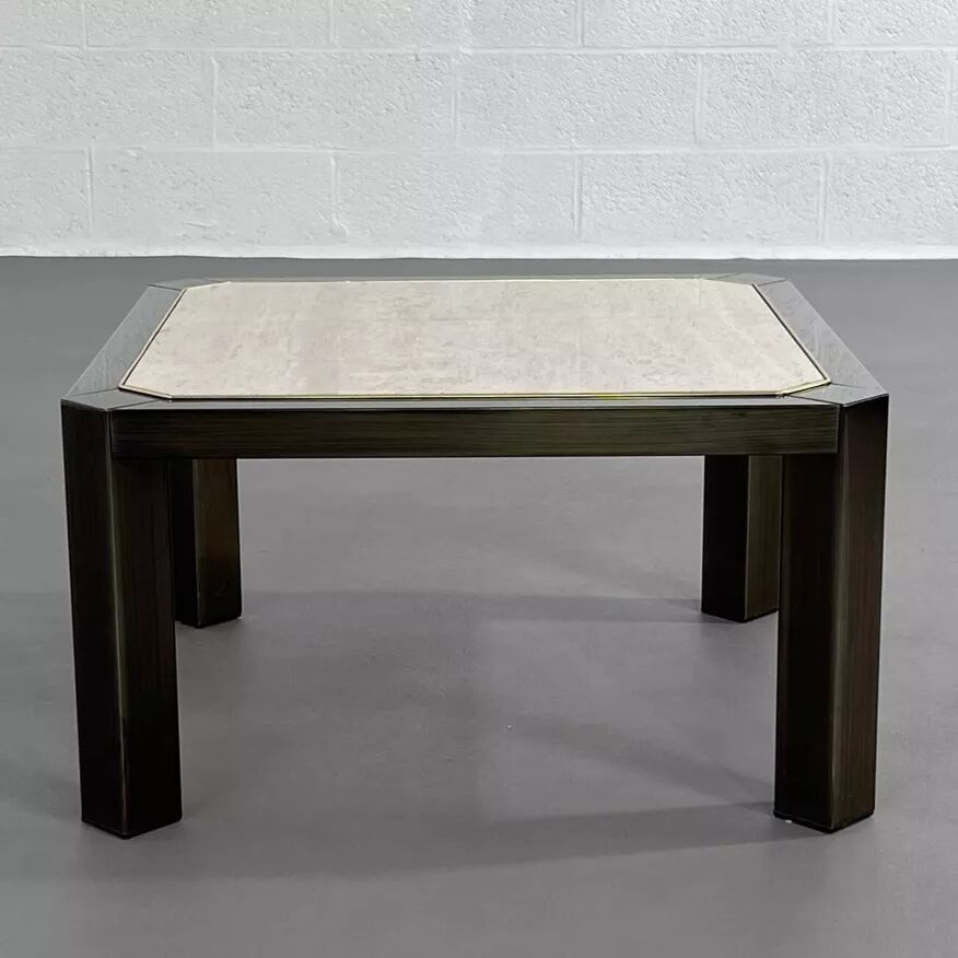 Square coffee table from the 80s in metal and travertine Belgochrome Design.