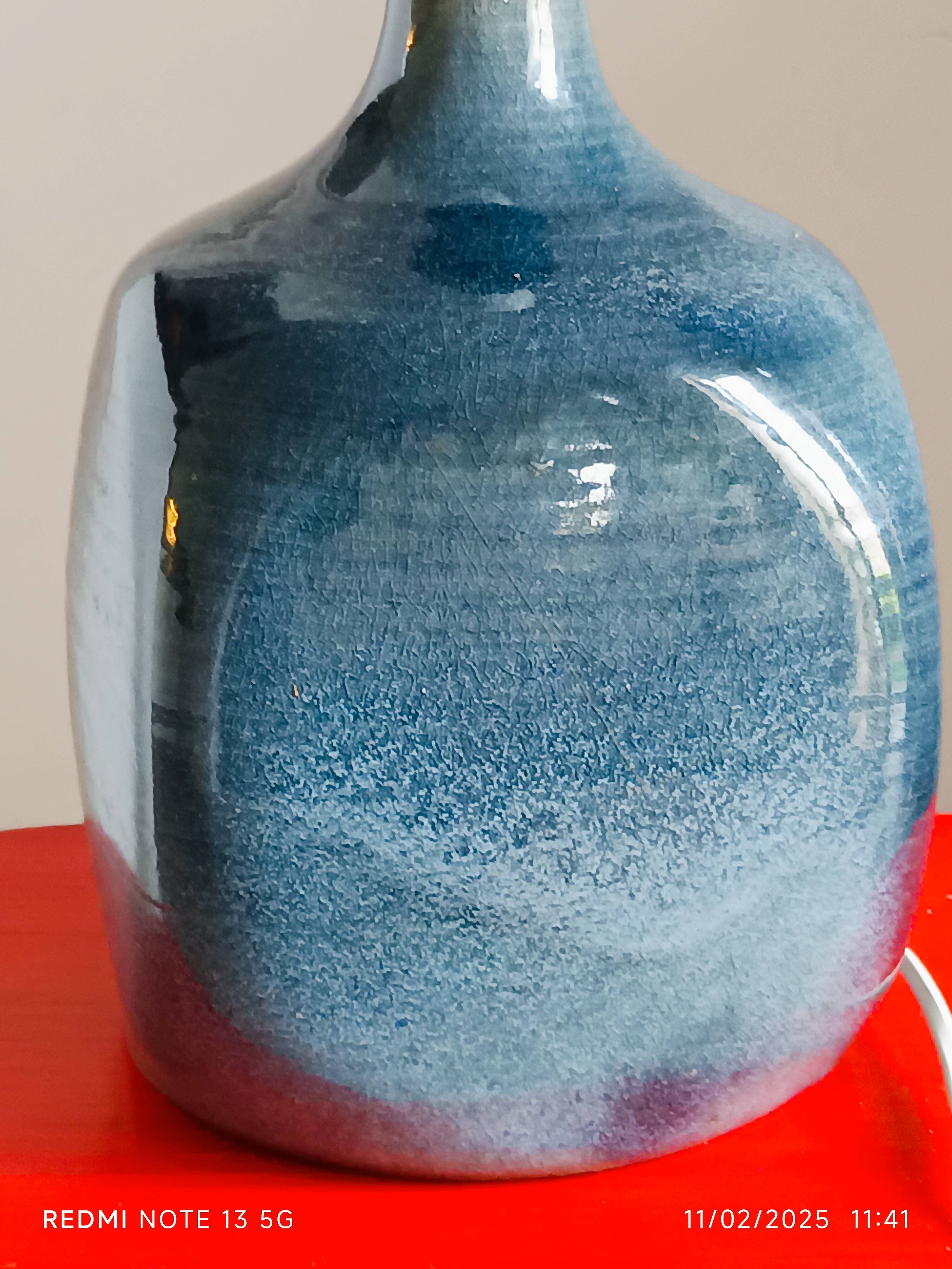 handmade lamp base glazed stoneware 70s blue