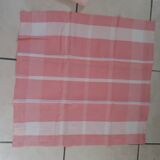 Nappe ancienne en liin blanche et rose + 6 serviettes assorties.