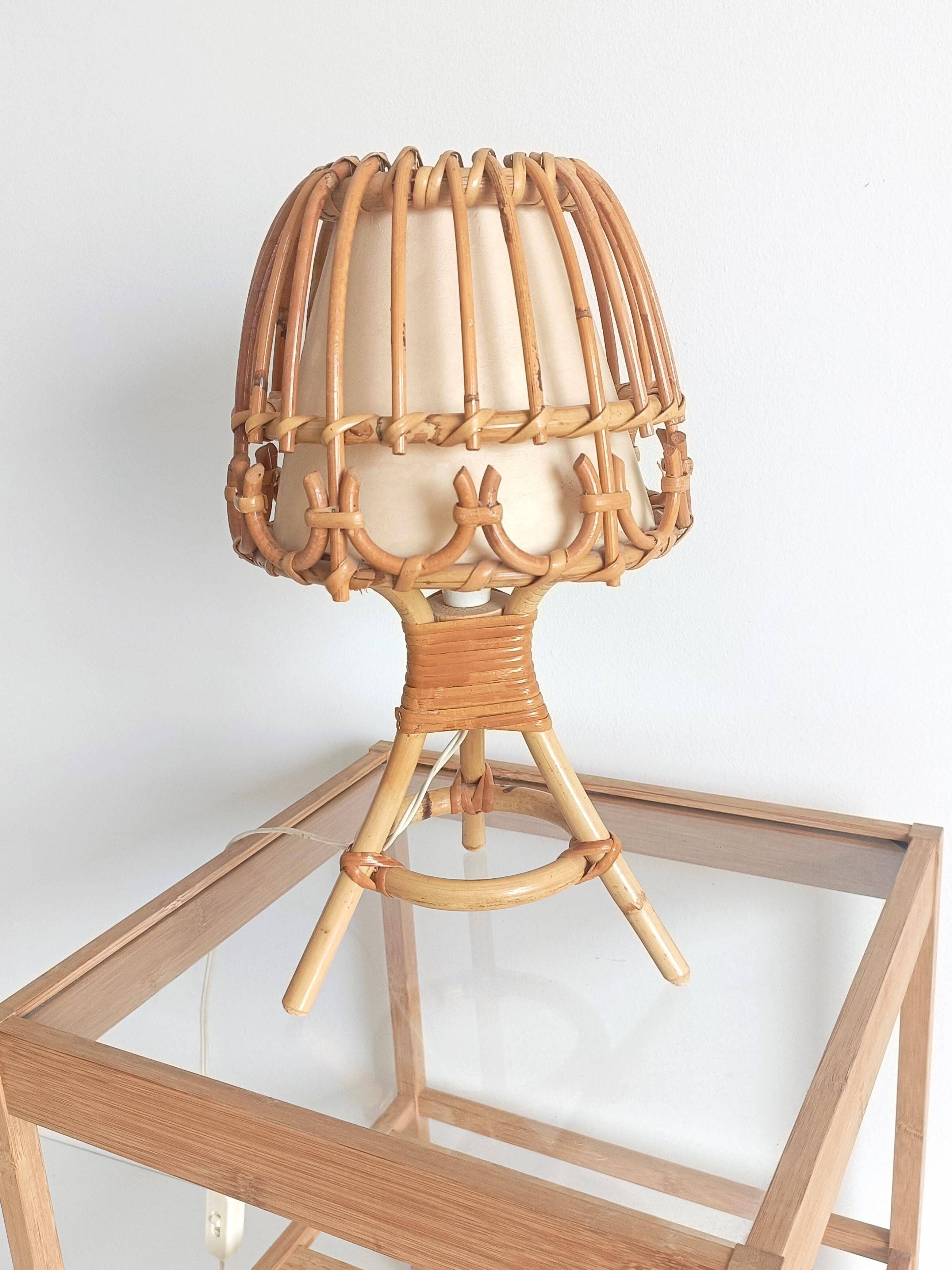 Midcentury Bamboo and Rattan Table Lamp, Attributed to Louis Sognot