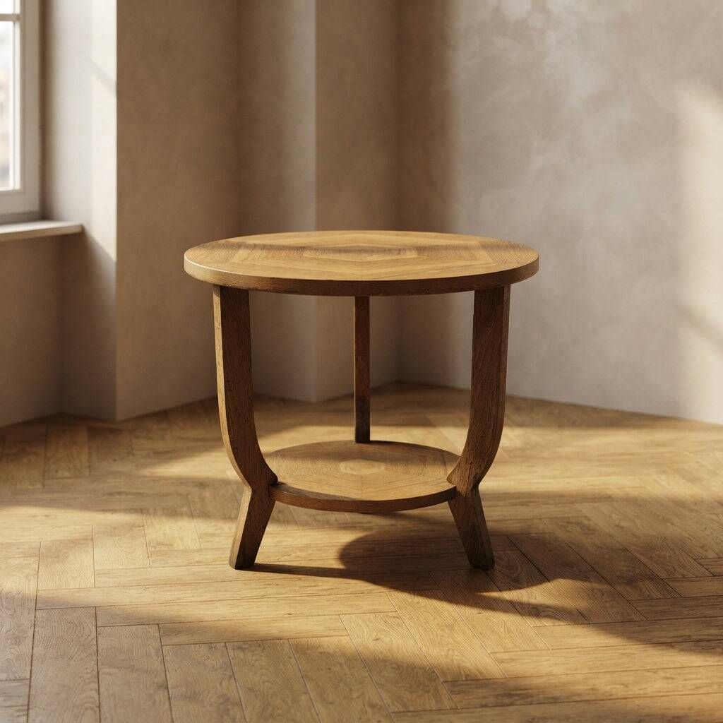 Vintage round wooden coffee table with lower shelf, 20th century