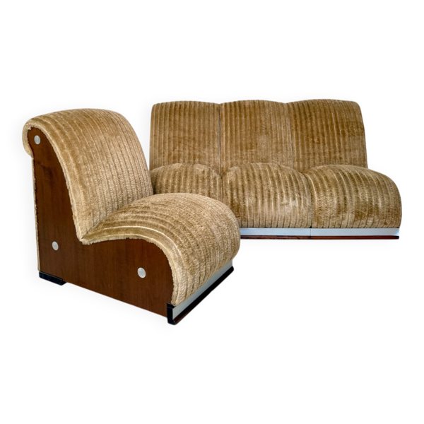 Canapé modulaire italien des années 70 en velours côtelé beige, ensemble de 4.