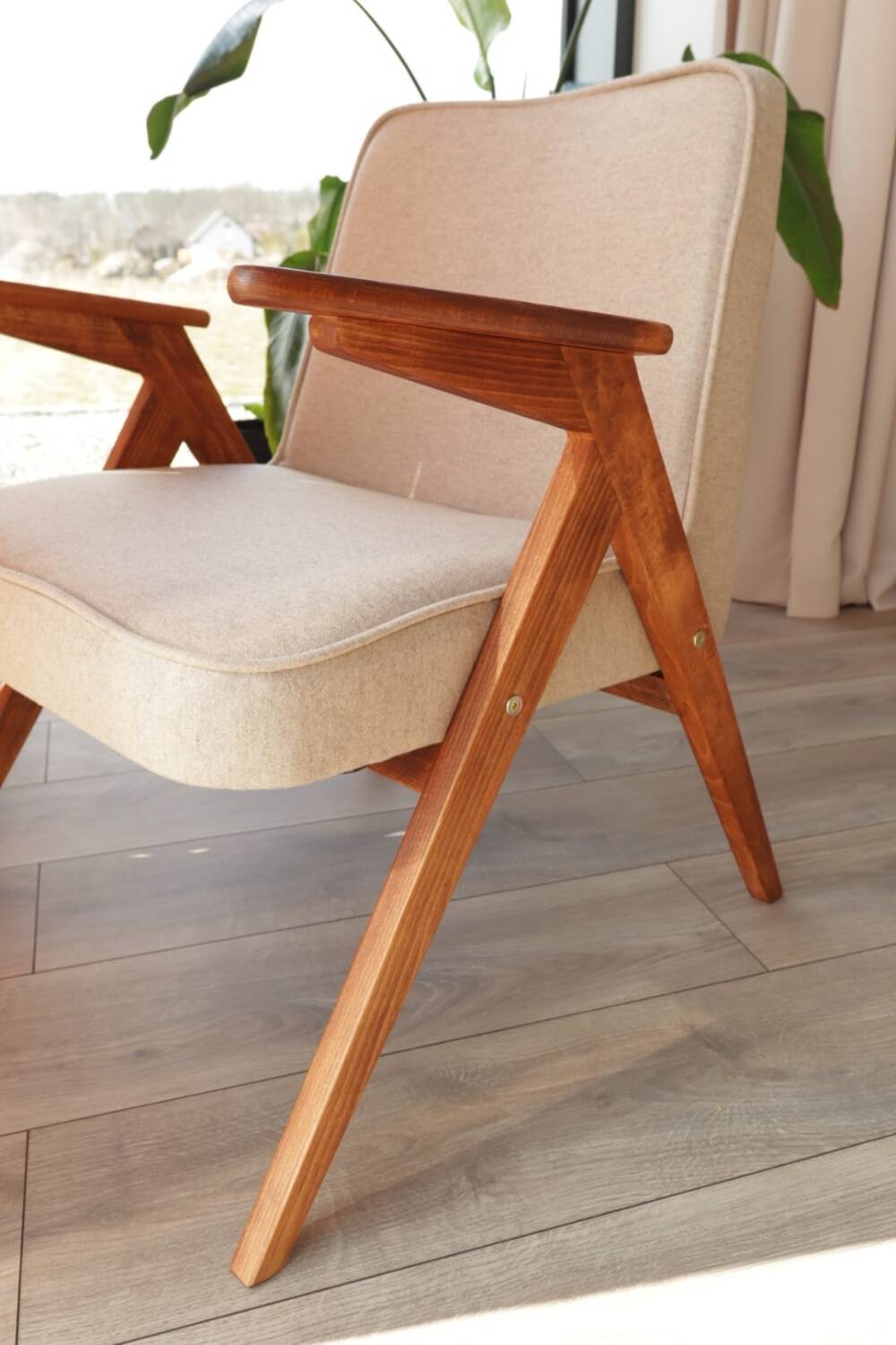 Vintage Lounge Chair Beige Wool Upholstery