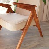 Vintage Lounge Chair Beige Wool Upholstery