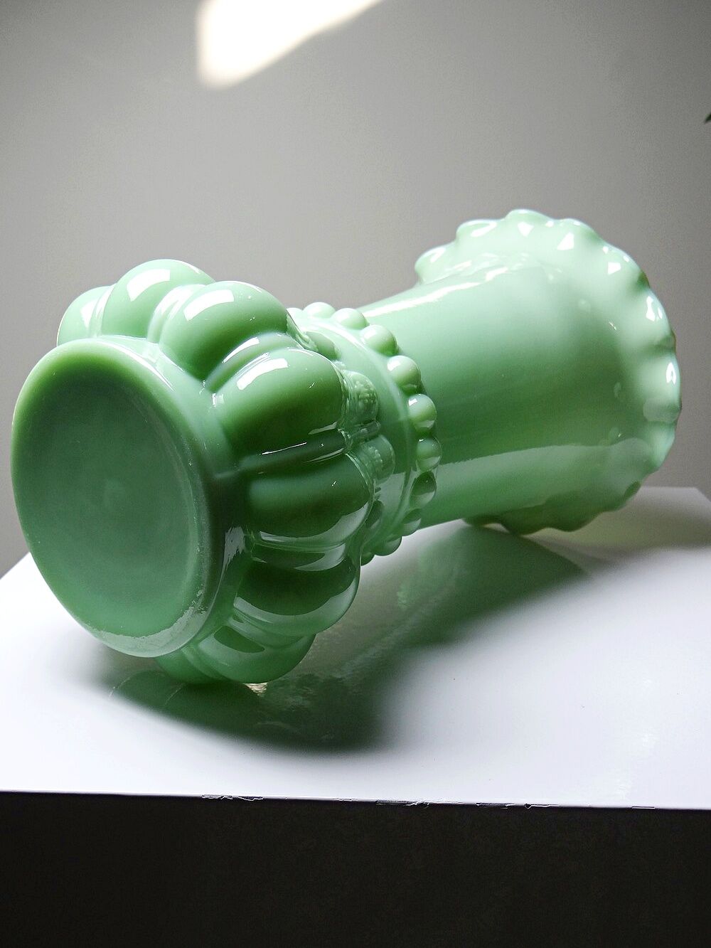Large antique jade green opaline crystal vase, circa 1900-1930.