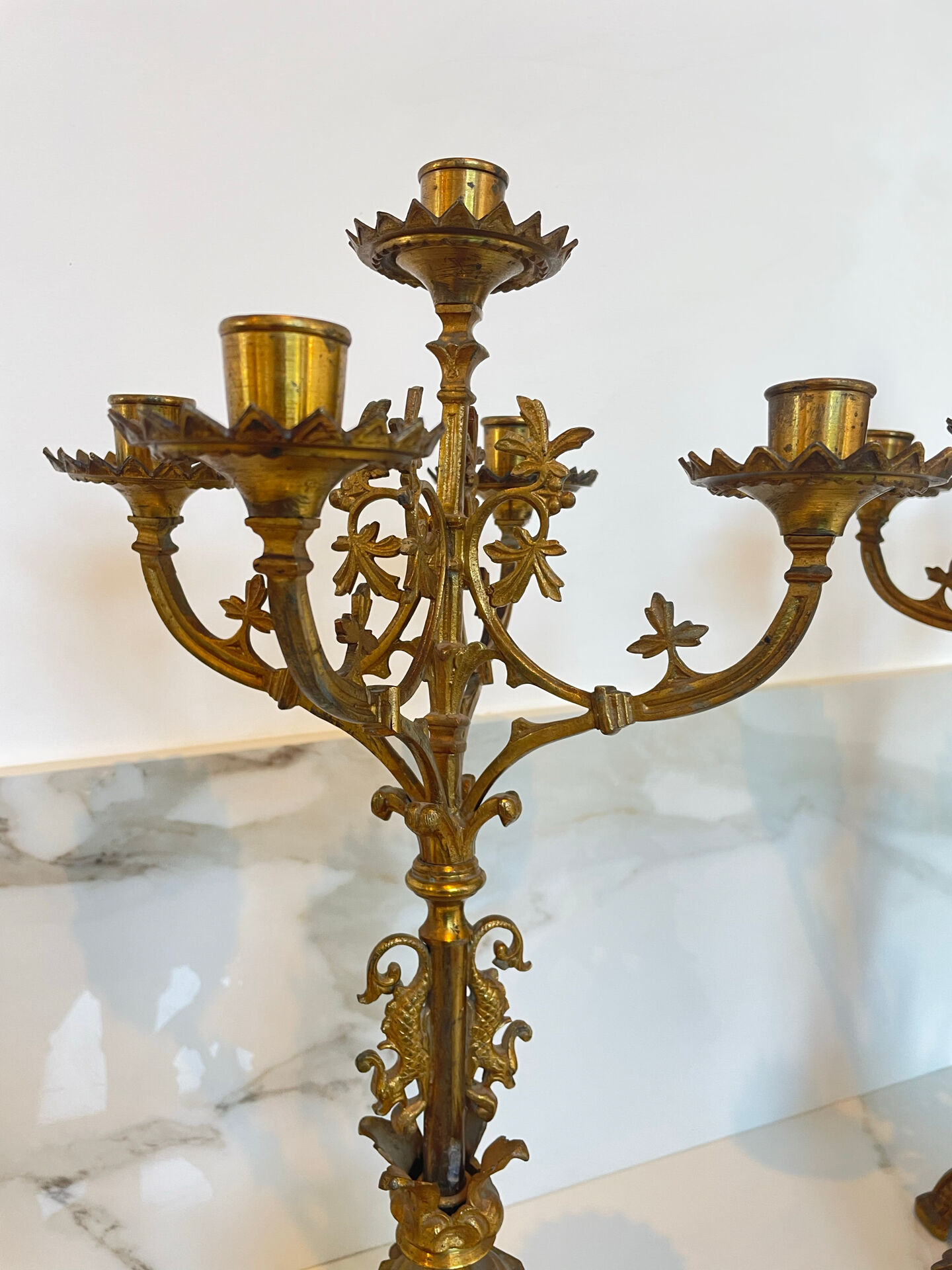 Pair of church candelabra - 19th century - in bronze and brass, 5 lights / c