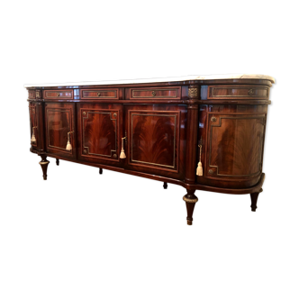 Buffet acajou verni avec plateau marbre et bronze