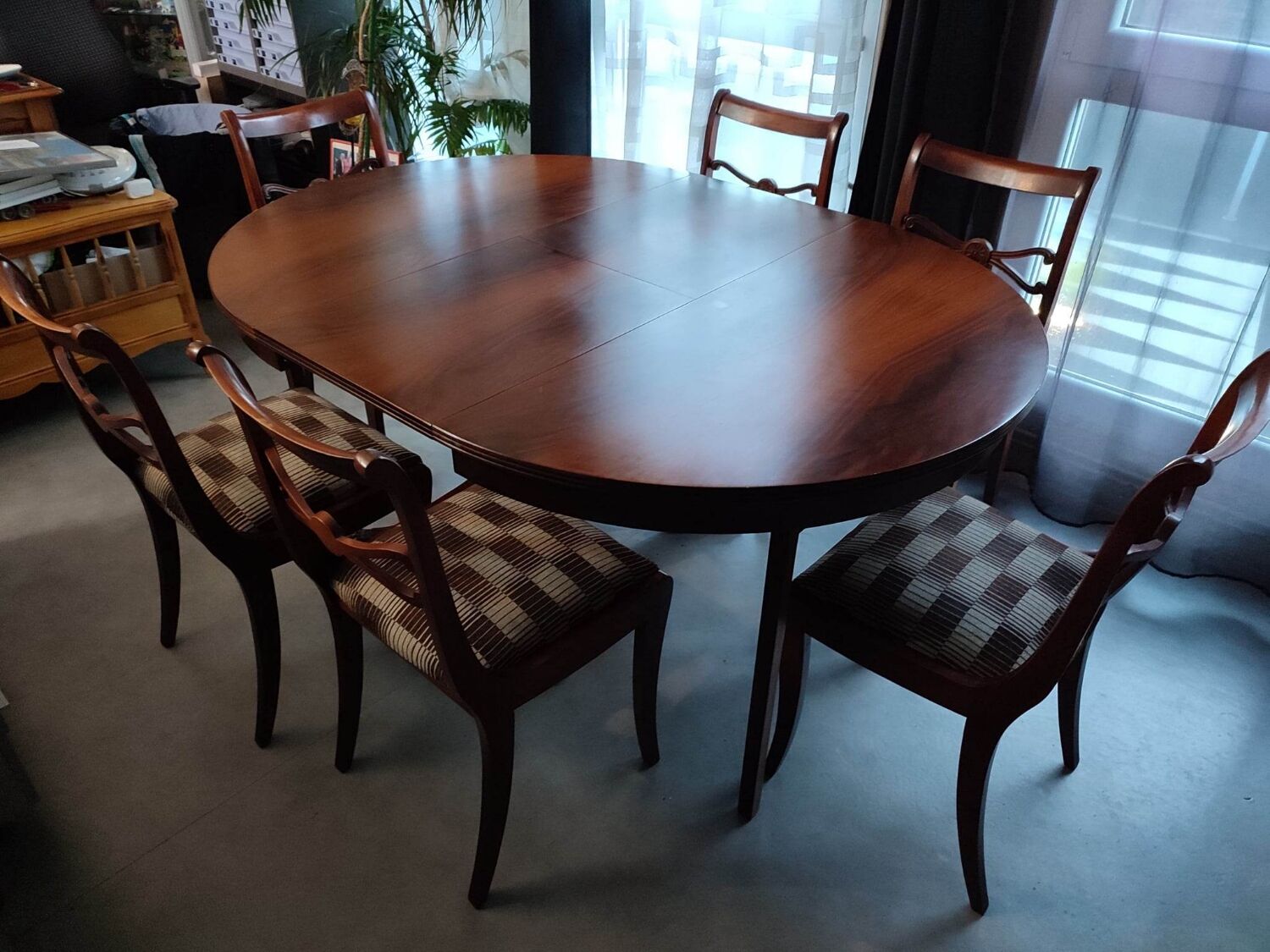 Table + extensions and chairs Gerbeau mahogany vintage wood