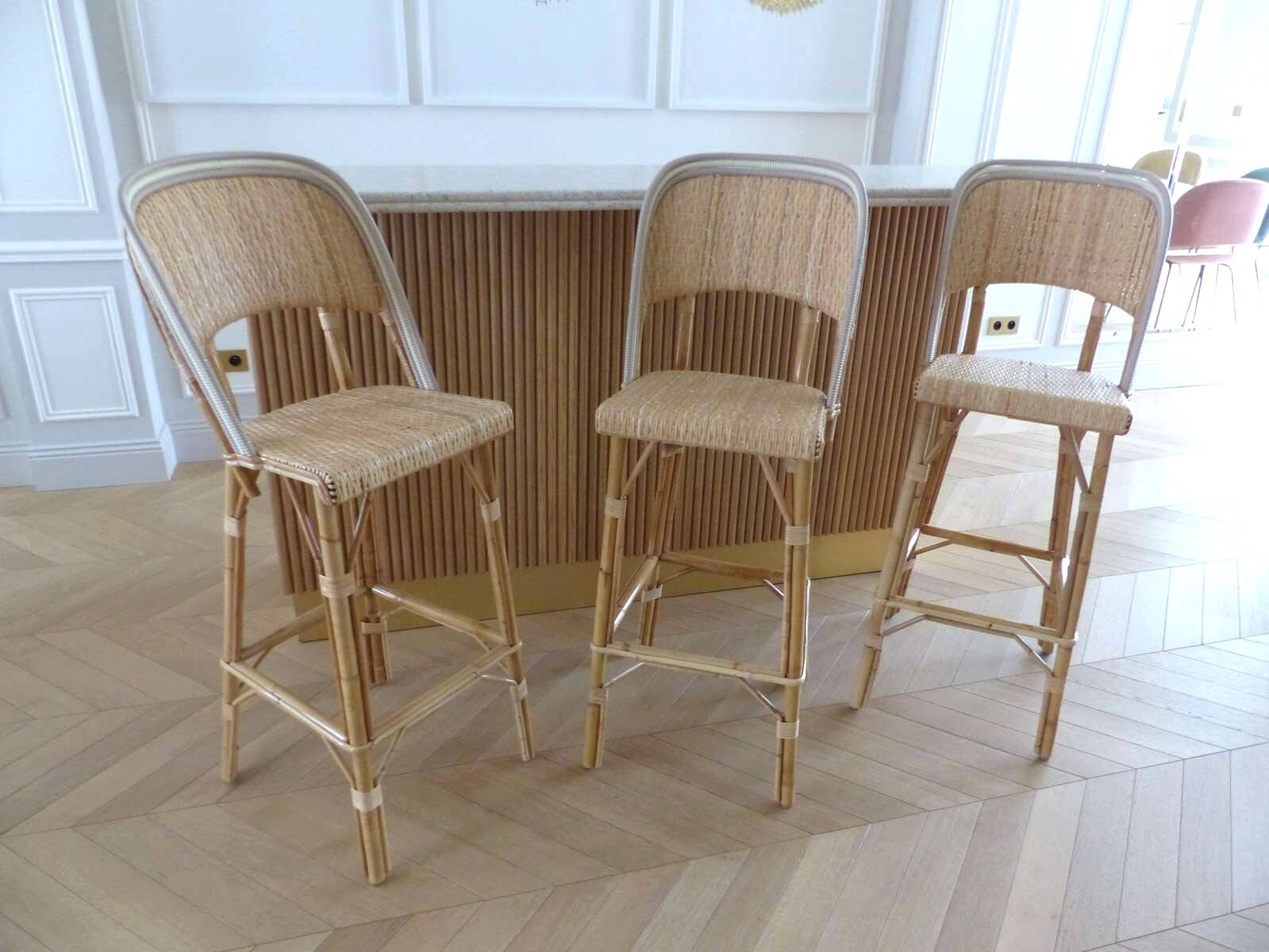Lot of 3 Maison Louis Drucker light Manila rattan bistro high chairs.