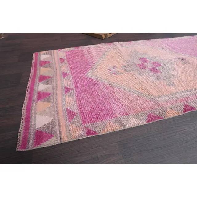 Vintage Turkish Hand-Knotted Wool Cotton Pink Runner Rug 96x365