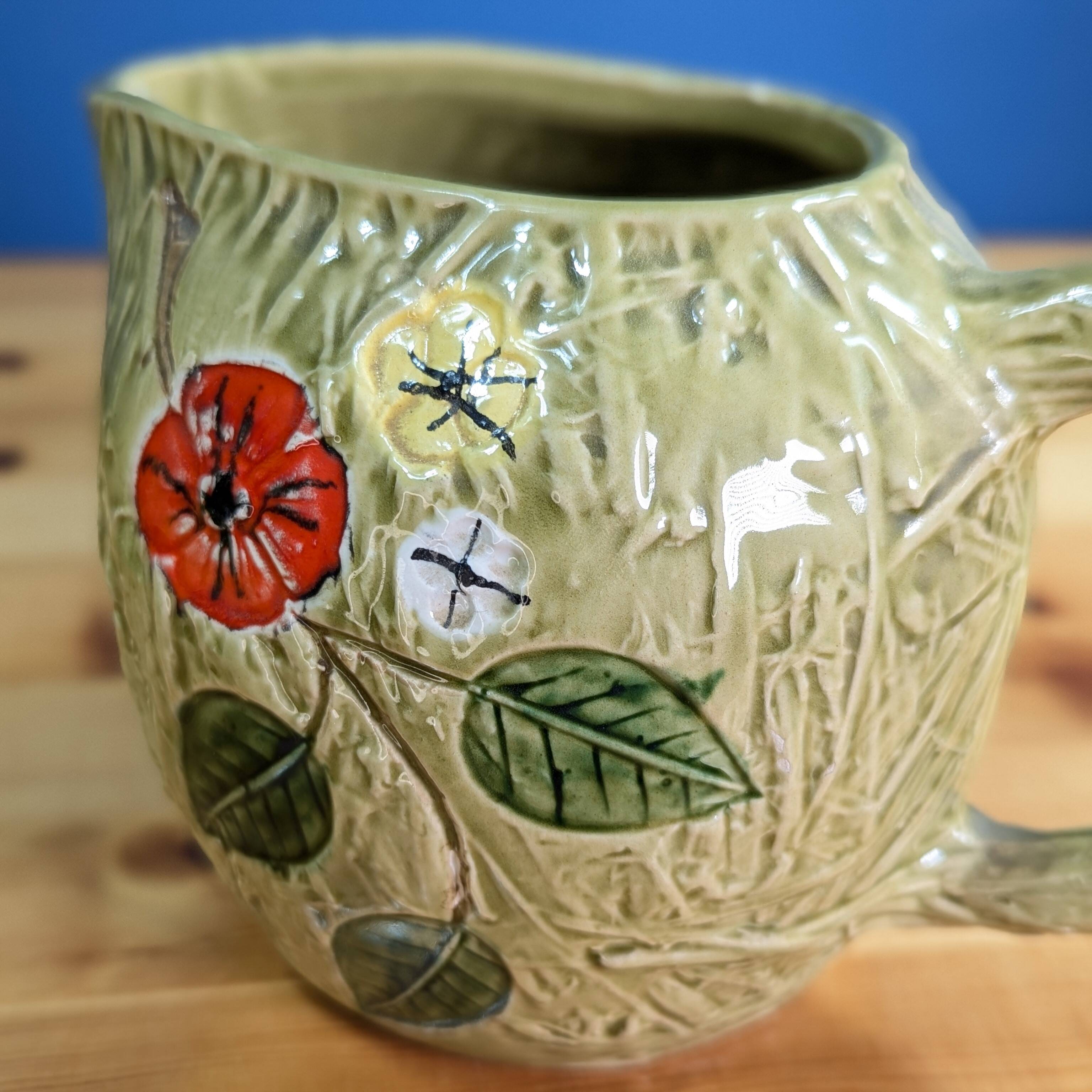Pitcher Jug Antique Ceramic Barbotine Bresse Style Signed L Green Floral