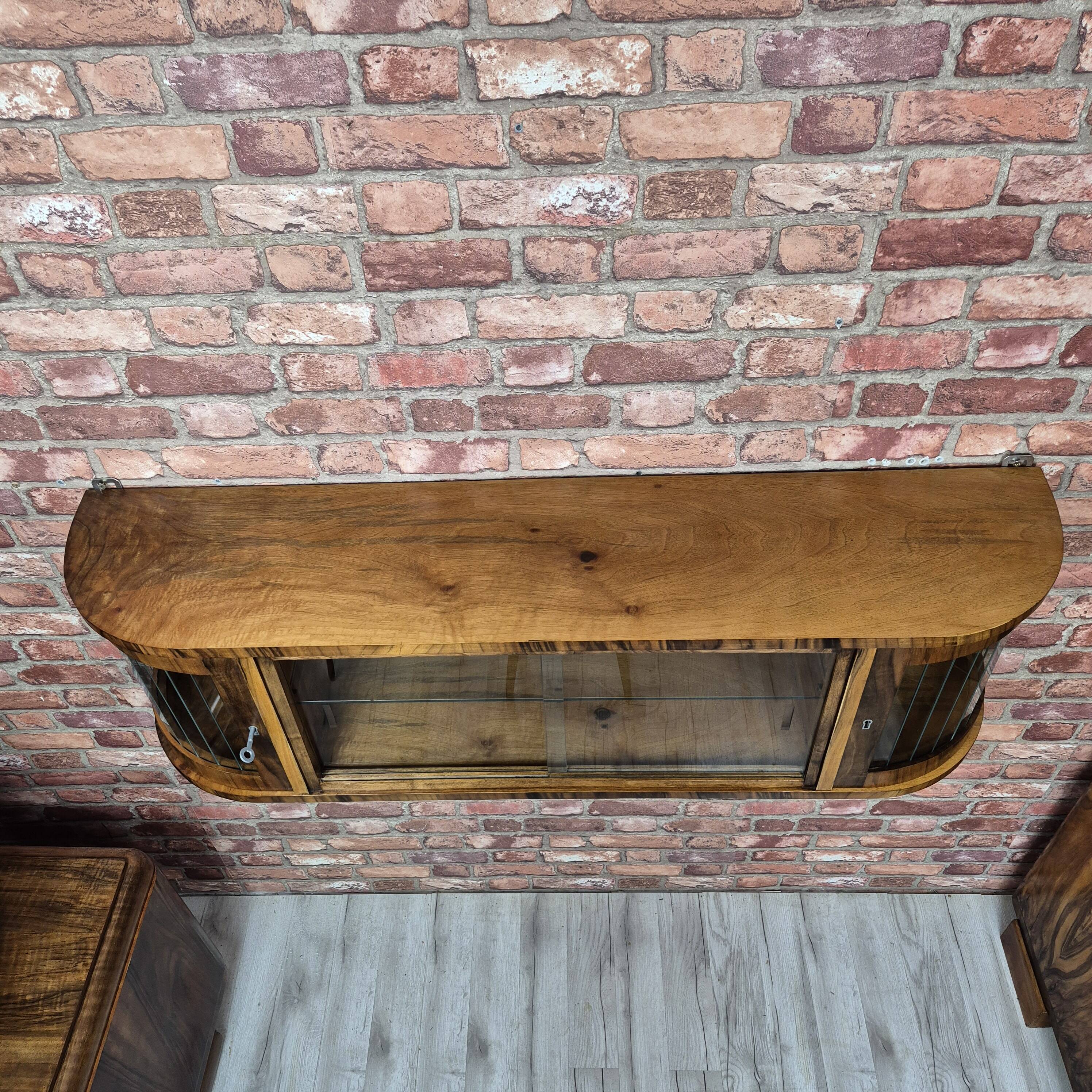 Rare 3-Zone Art Deco Walnut Wall Display Cabinet with Slatted Glass Doors