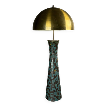 Midcentury mosaic and brass XL table lamp with gold mushroom shade, 1960s