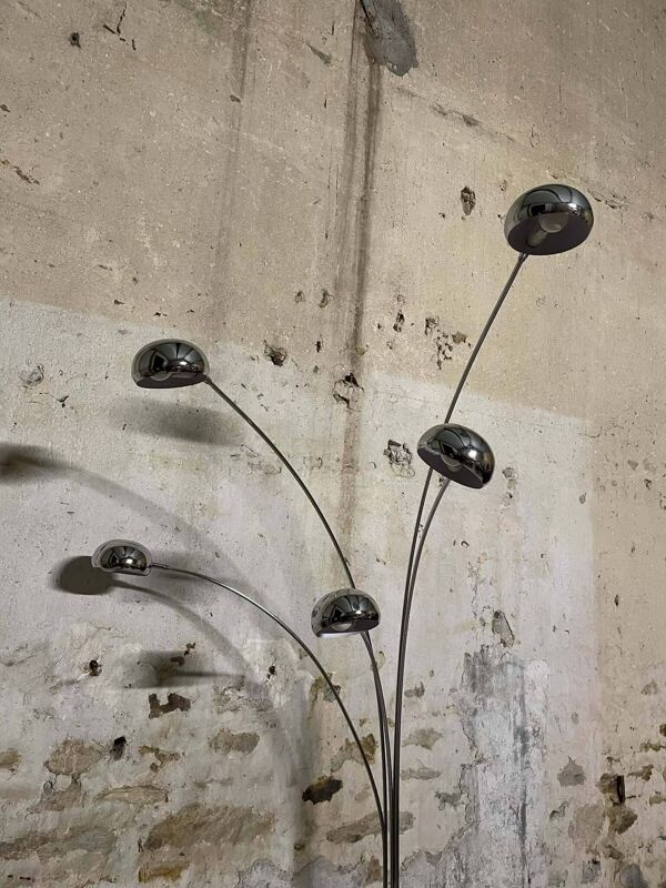 Lampadaire vintage à 5 branches en chrome et marbre – style arc années 70