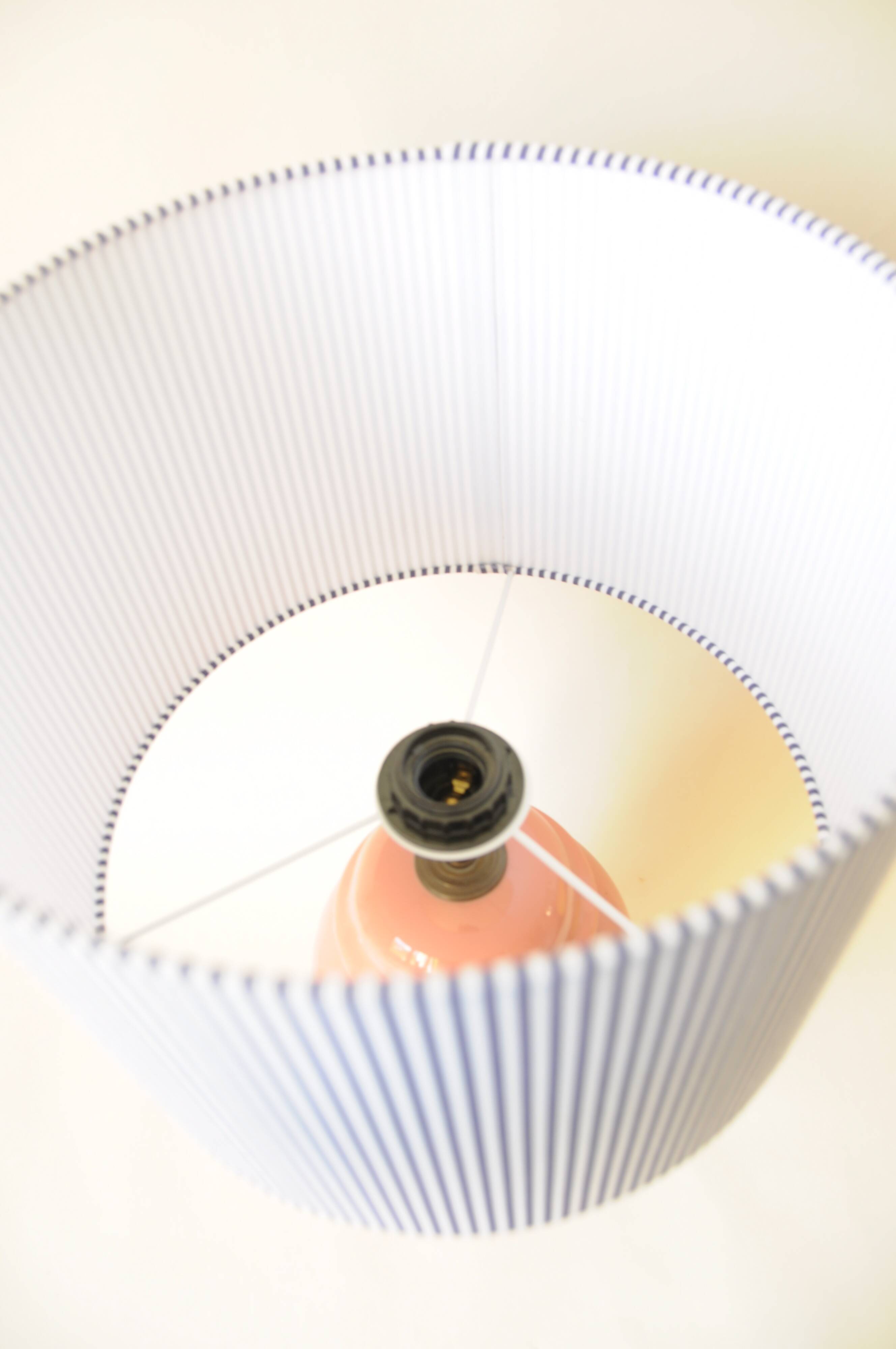 Decorative pink ceramic vase lamp - blue and white striped shade