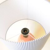 Decorative pink ceramic vase lamp - blue and white striped shade