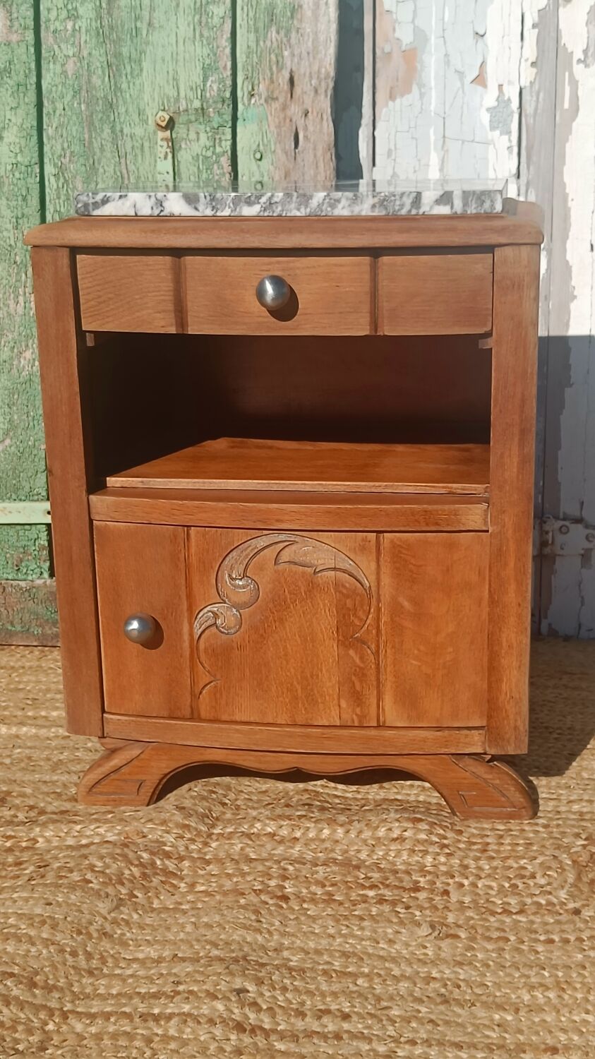 Antique bedside table in solid oak with a marble top.