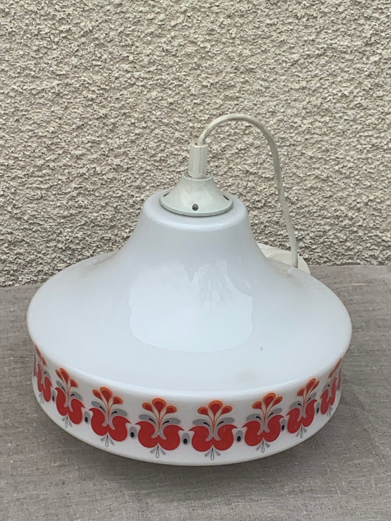 Pendant lamp, white opaline globe with a vintage red design floral pattern 1970