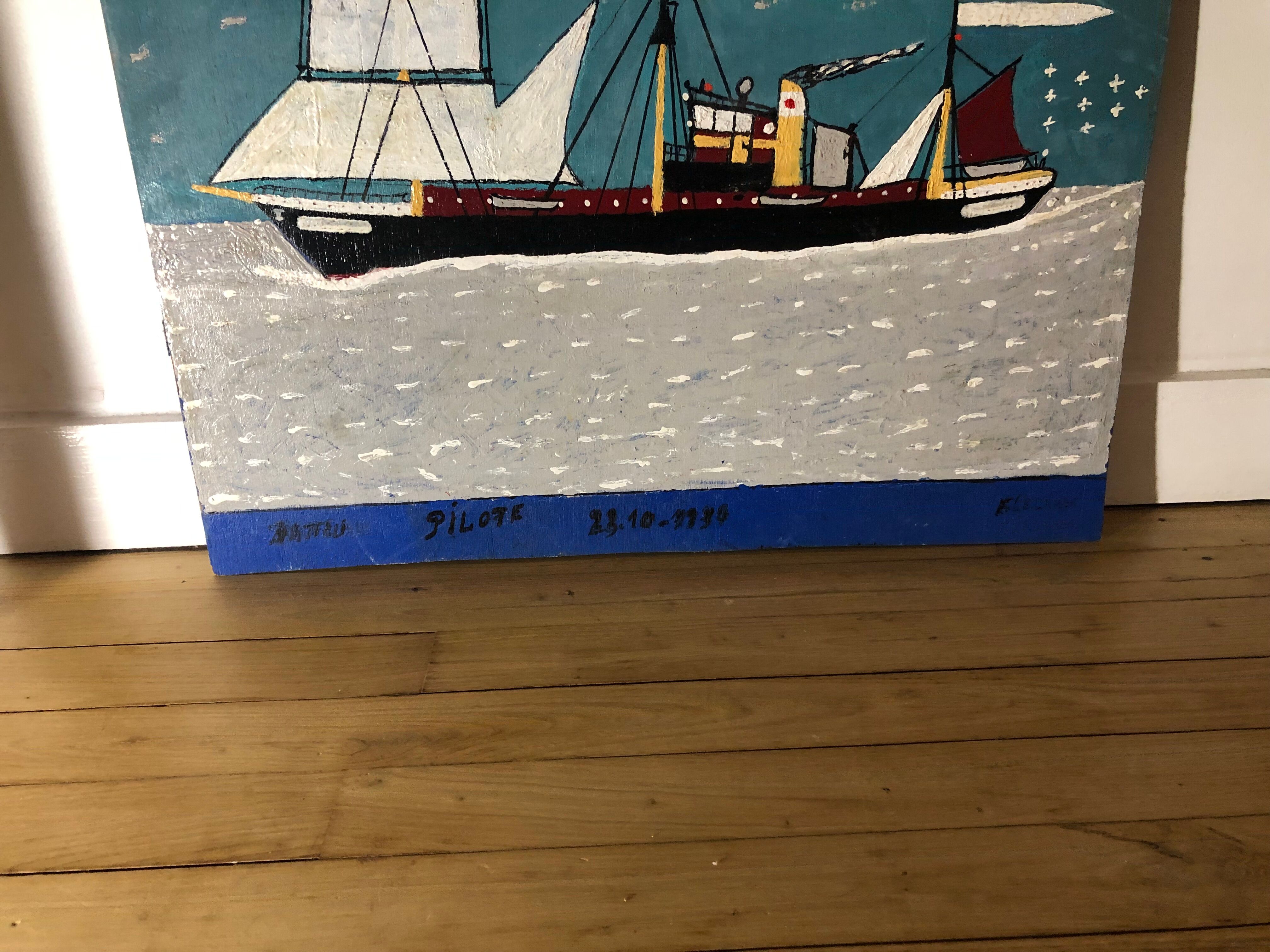 Painting oil on marine panel boat folk art naïve art 1930