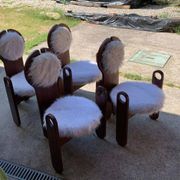 Set of 4 vintage dining chairs in brown pine and white fur by Szedleczky (1970s)