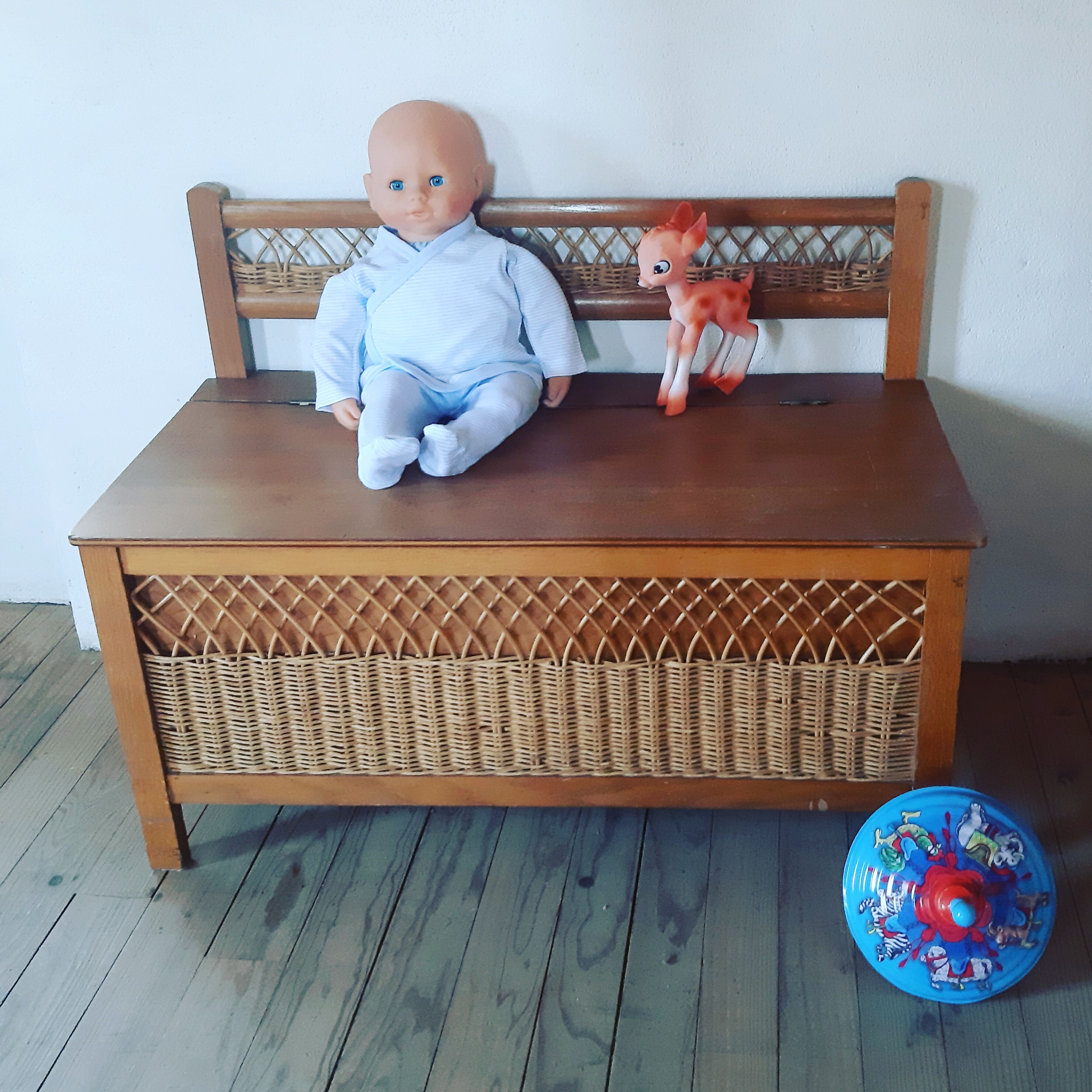 Vintage wooden and wicker bench and storage chest