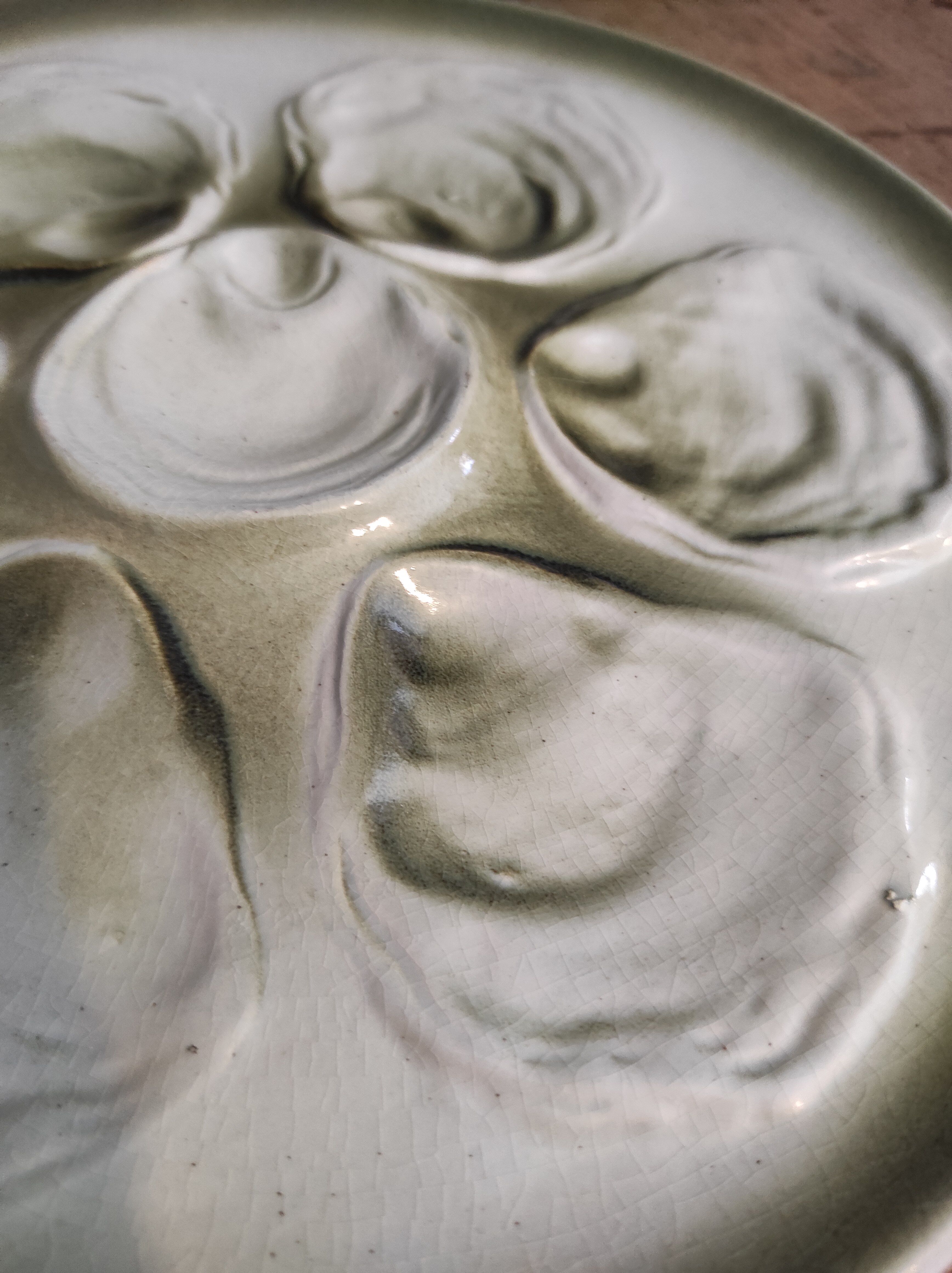 Vintage french oyster plate in white and green majolica