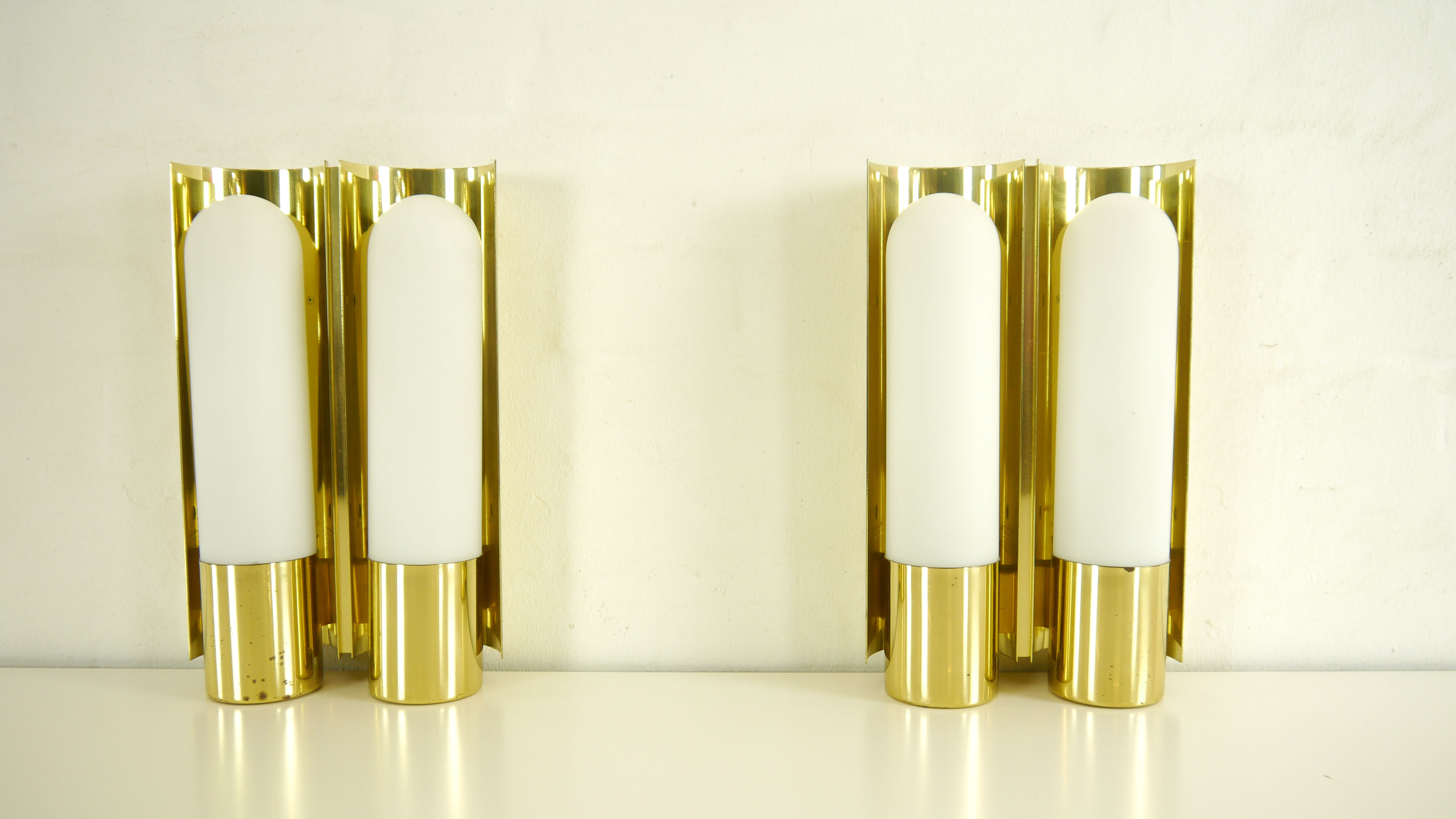 Wall lights brass & glass opal of limburg 1970 s