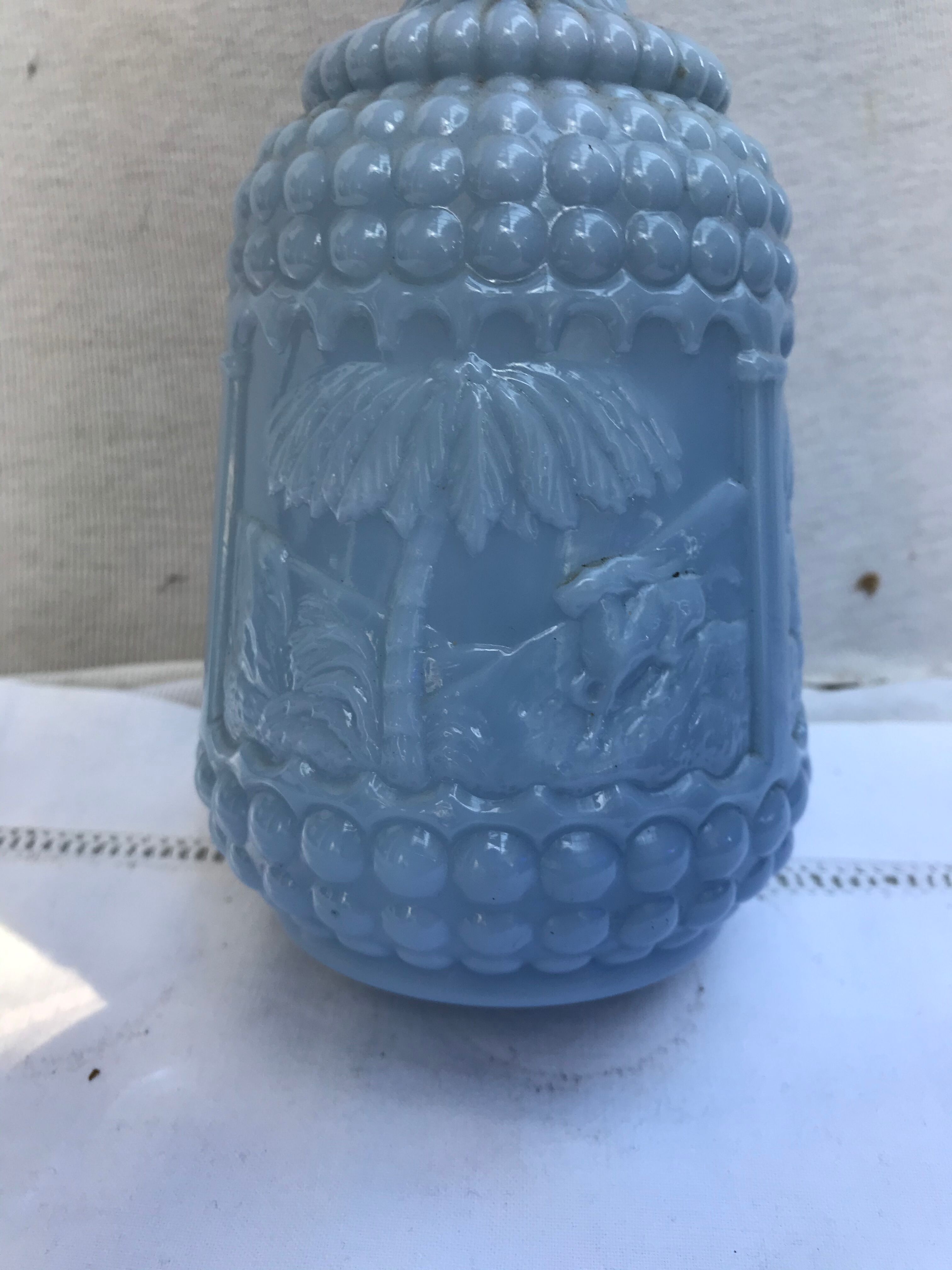 Former Carafe Liqueur Opaline Blue Decor Moulded - Vintage Cave Bouchon