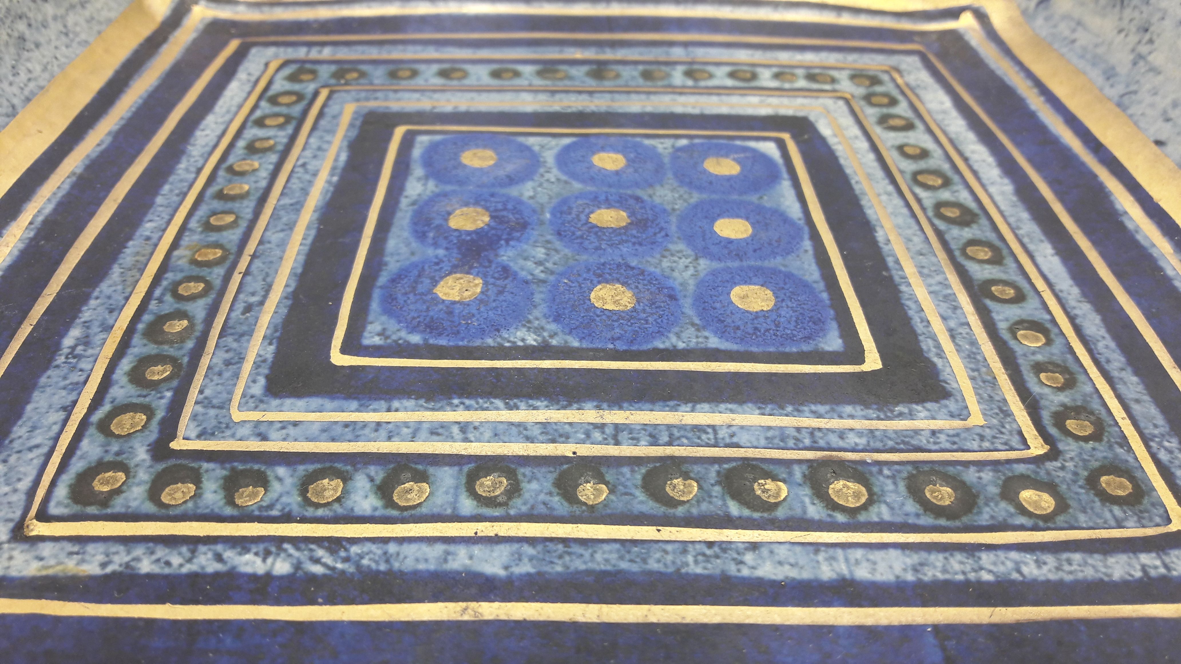 DECORATIVE CERAMIC DISH SIGN GEORGES PELLETIER GEOMETRIC DRAWING BLUE AND GOLD COLLECTION