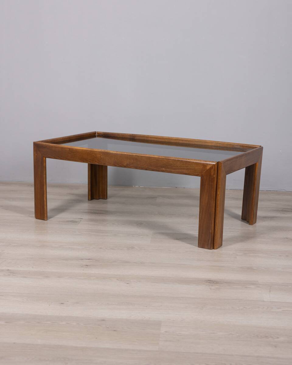 Vintage 1970s coffee table in wood and smoked glass, Italian design