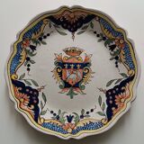 Malicorne earthenware plate with Rouen Beatrix Pouplard coat of arms