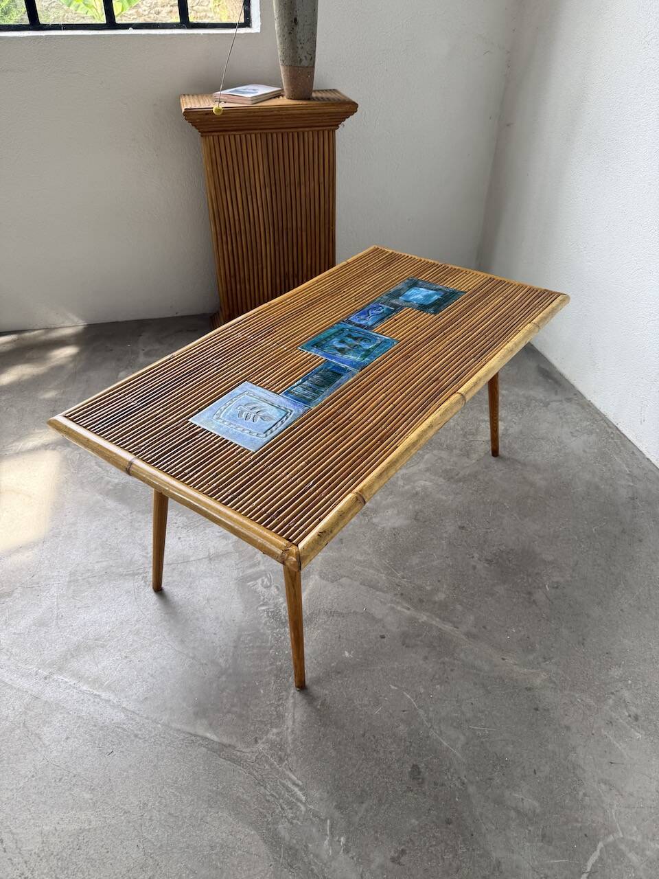 Rattan and ceramic coffee table, 60s