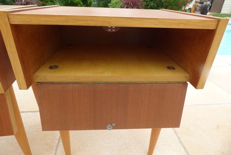 2 vintage scandinavian drawer nightstands with clamshell door
