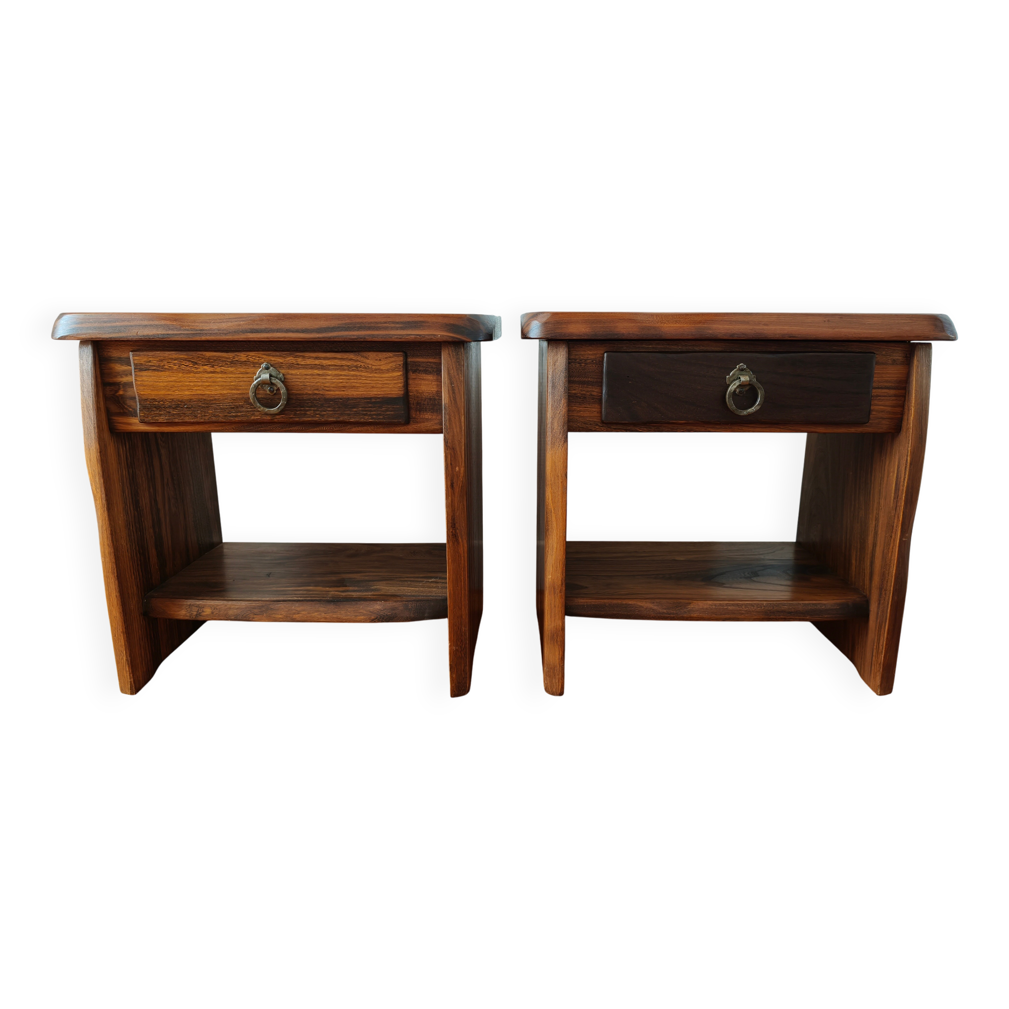 Pair of solid elm bedside tables, France 1970.
