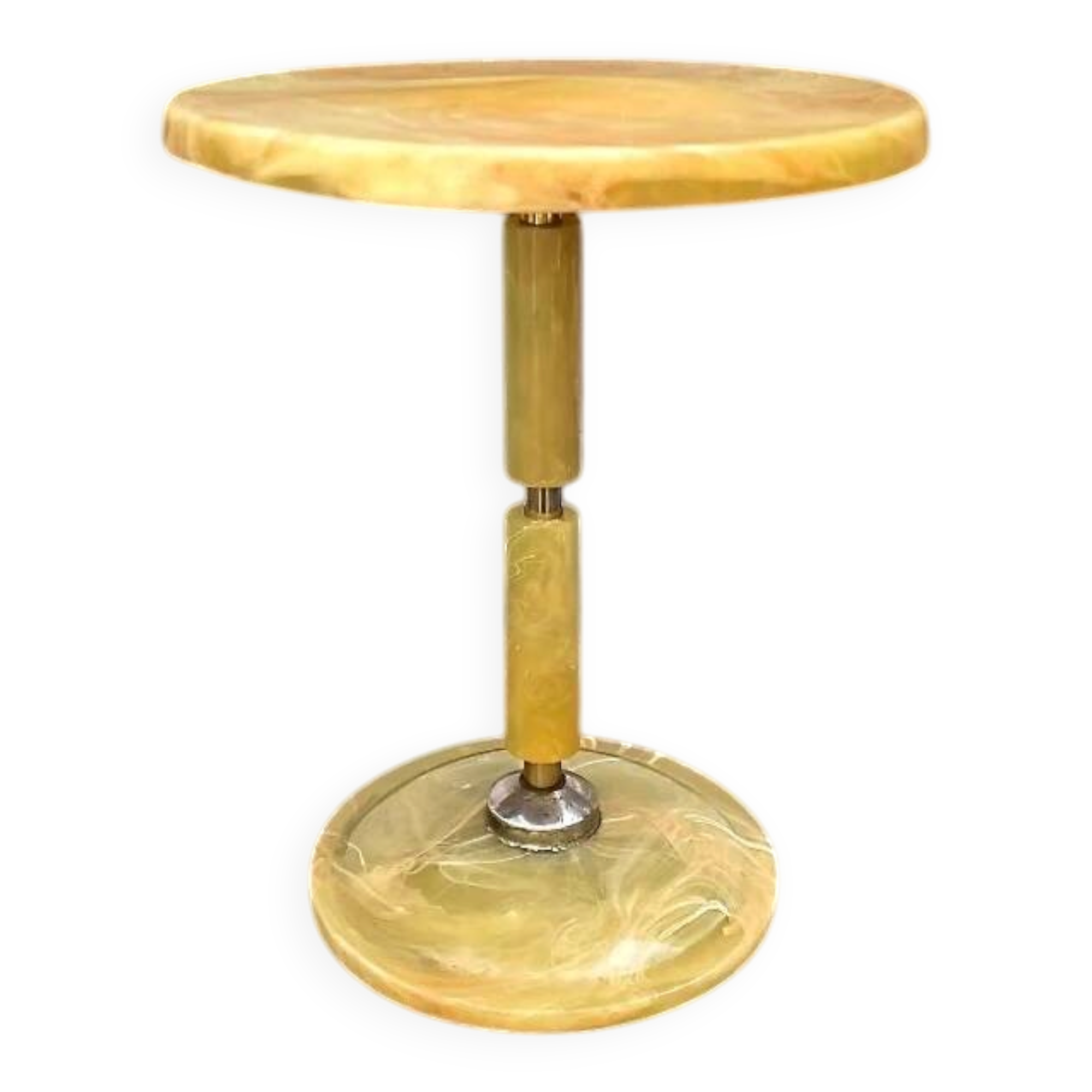 Ancienne table d’appoint en résine effet marbre jaune et métal patiné années 70
