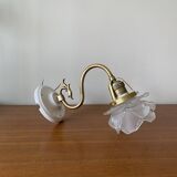 Swan neck wall light in brass with rose petal glass shade.