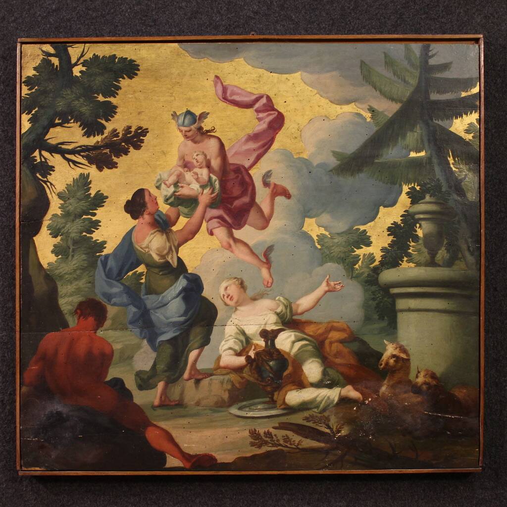 18th century Italian panel painting, Hermes entrusts Dionysus to the nymphs