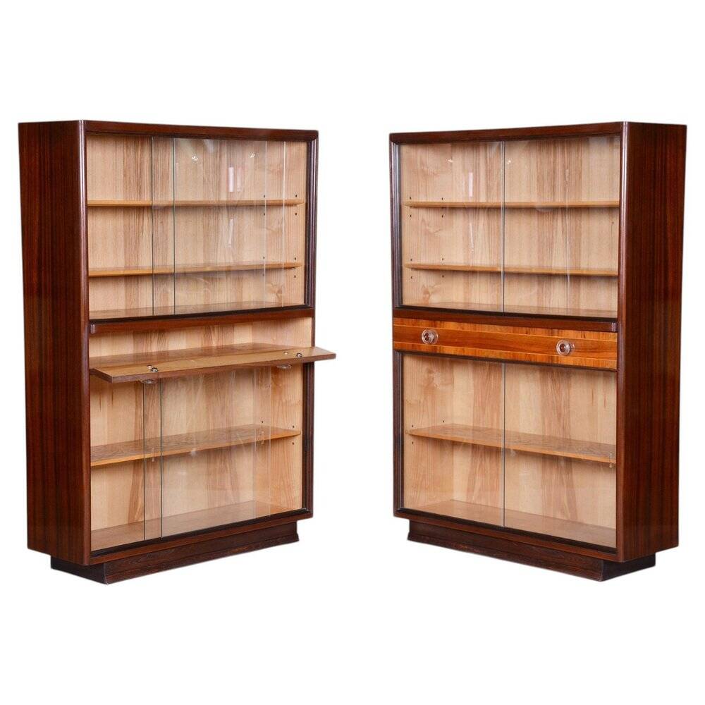 Bibliothèques Art Déco vintage en frêne et acajou, années 1940, ensemble de 2