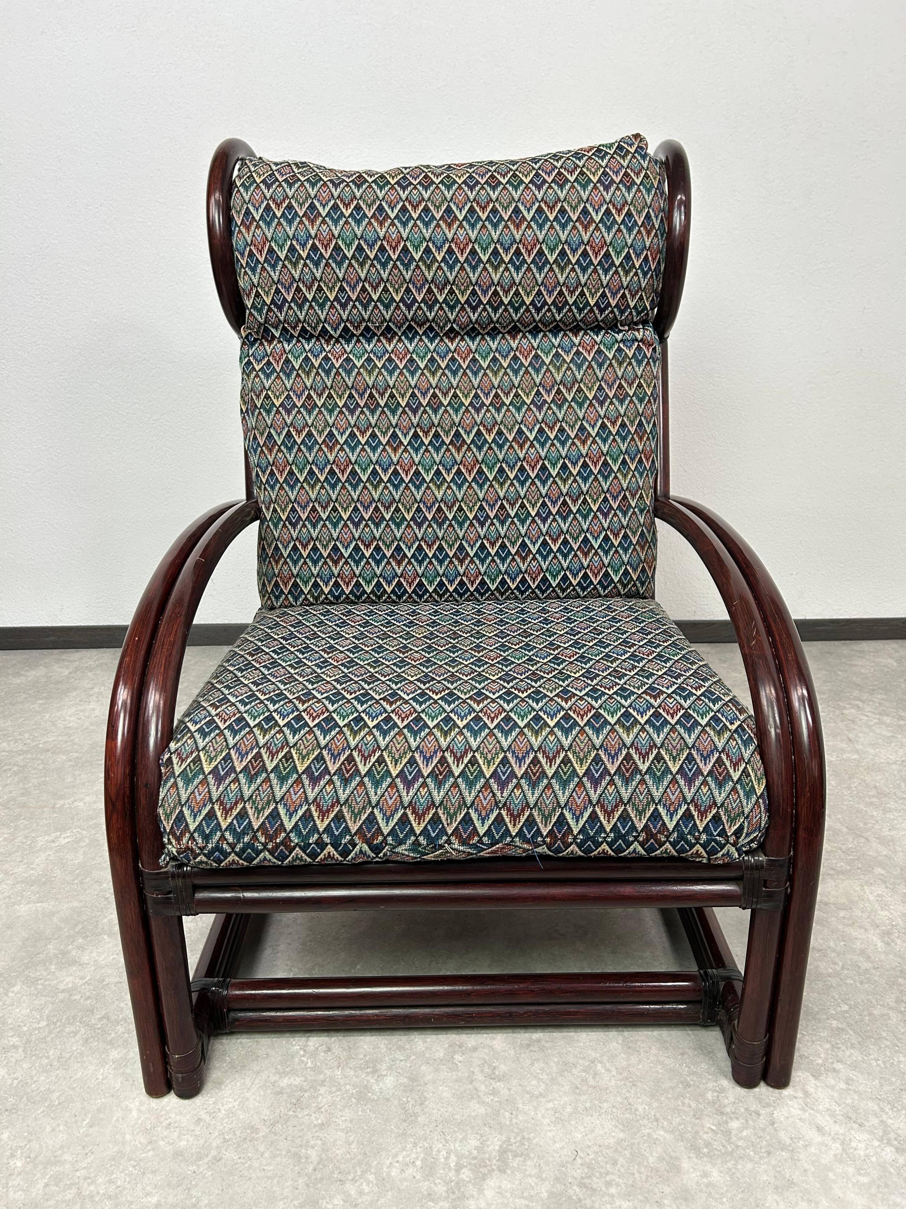Fauteuil à oreilles en bambou de style milieu du siècle avec tabouret par Gervasoni