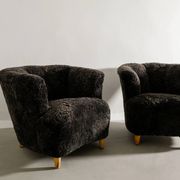 Pair of Swedish Curved Mid Century Modern Armchairs in Dark Sheepskin 1940s
