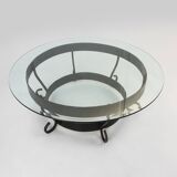Round Coffee Table with Wrought Iron Base and Glass Top, France, 1930s