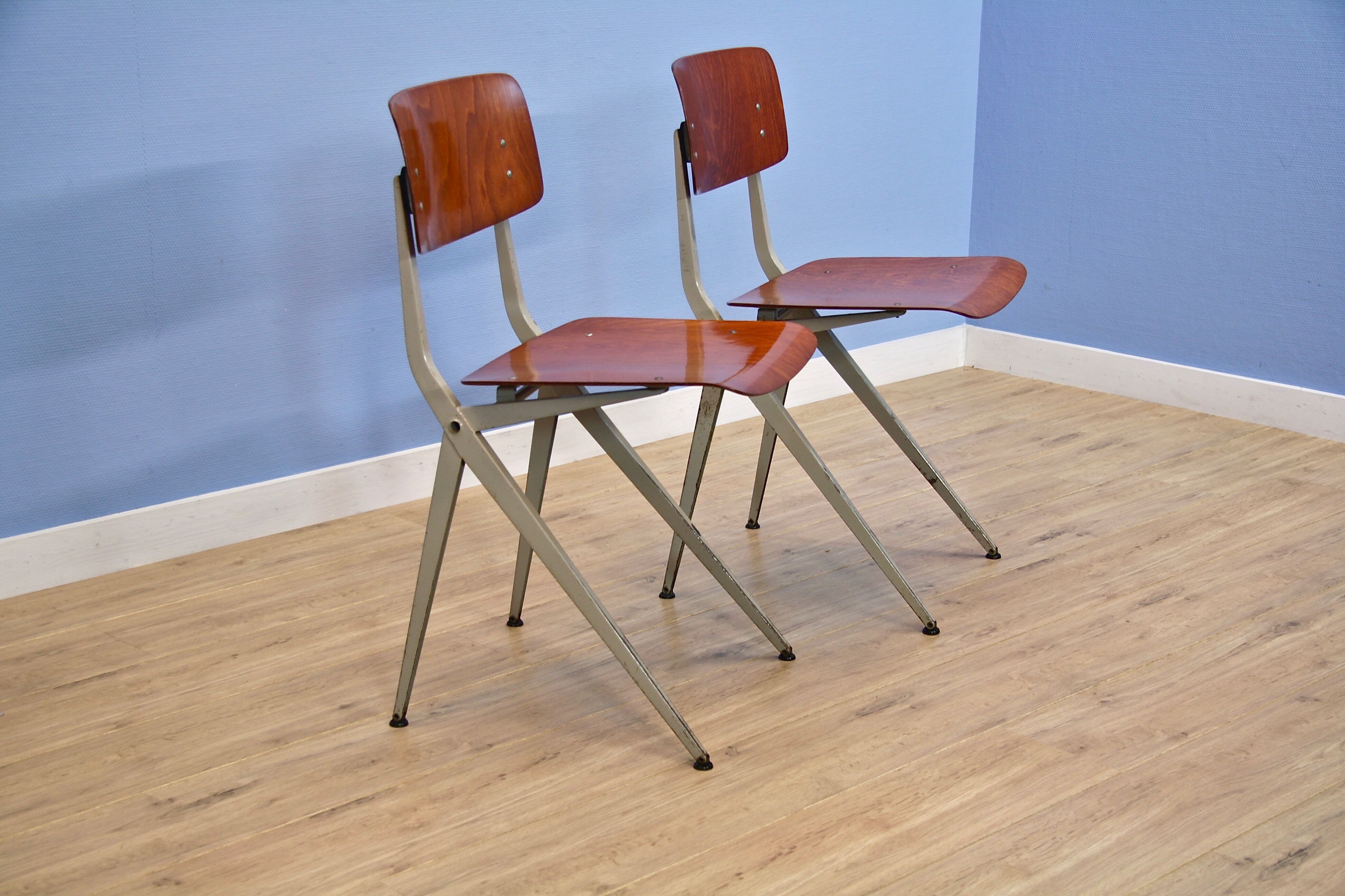 Set of 2 Dutch industrial chairs in teak/plywood by Marko, 1960s